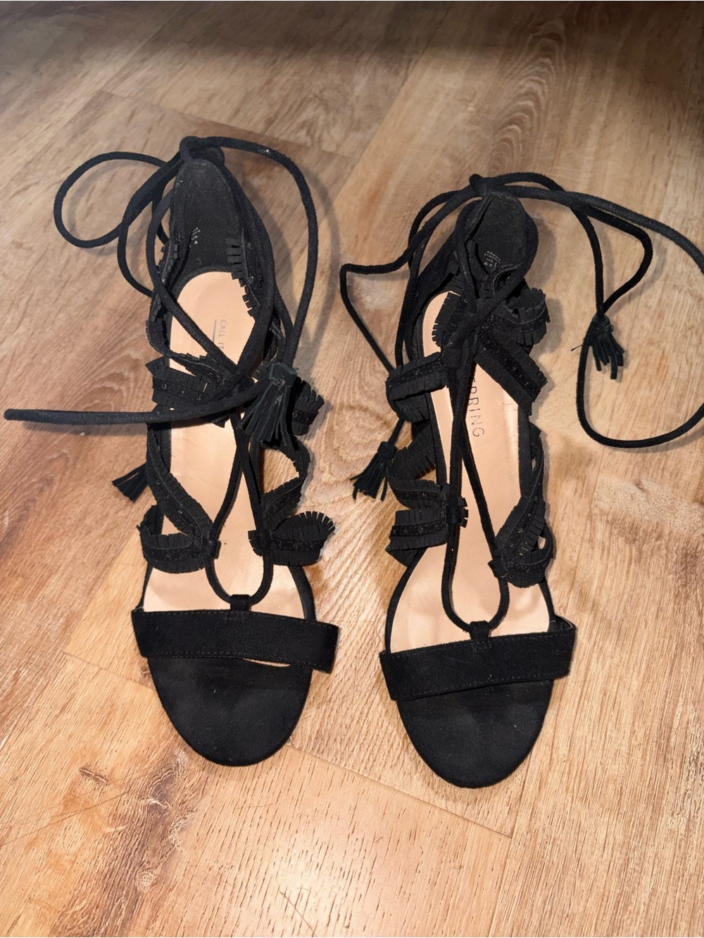 Call It Spring Black Lace Up Block Heels Tassel Sandals Size 6.5